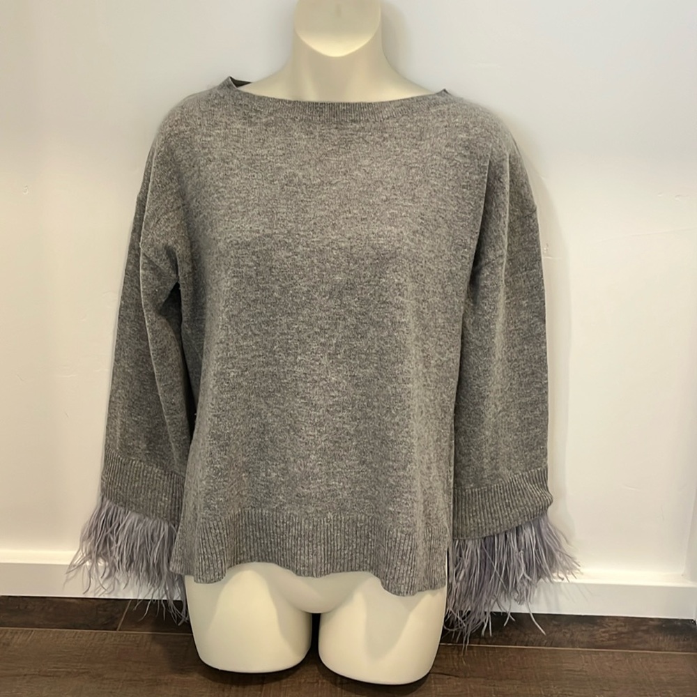J Crew Sweater With Ostrich Feather Trimmed Sleeves